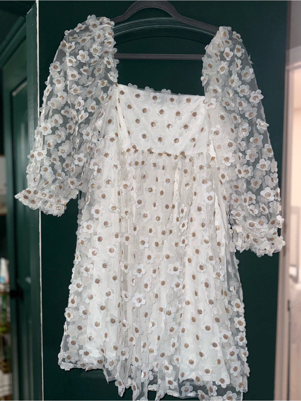 Storia White Dress with Gold-Accent Floral Appliqués